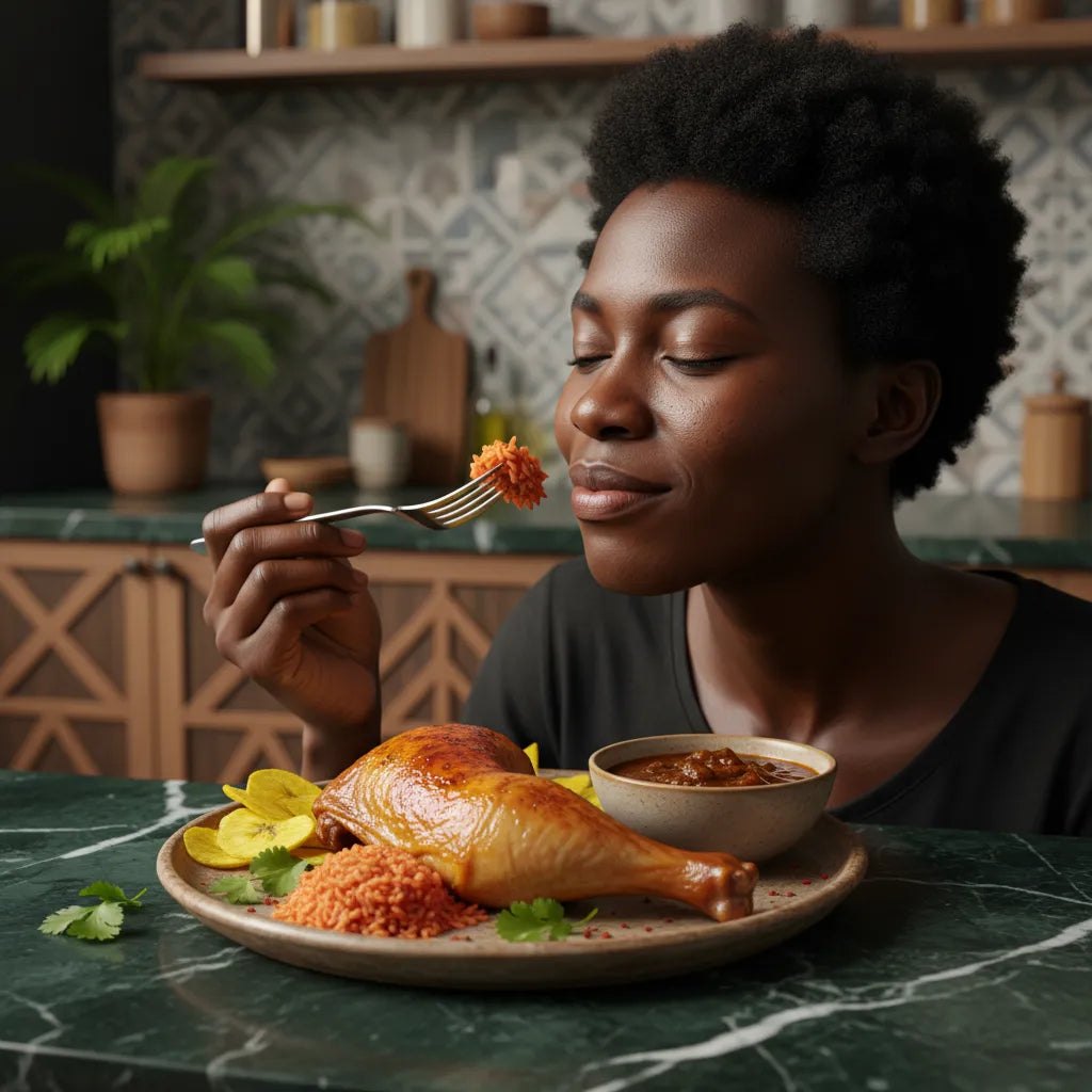Femme savourant un plat de cuisse pintade fumée avec riz et sauce. Volaille tendre au goût authentique, parfaite pour repas réconfortant.